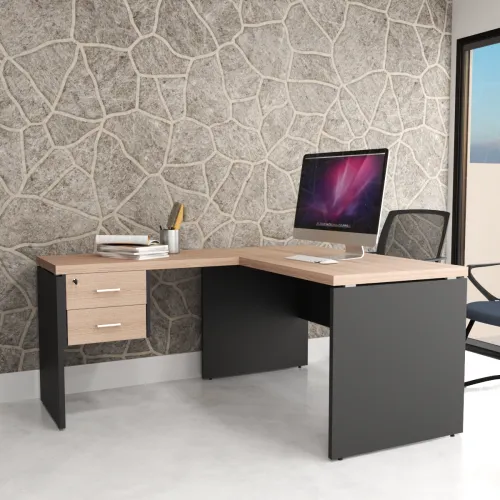MESA EM L COM PÉ PAINEL COM GAVETEIRO FIXO