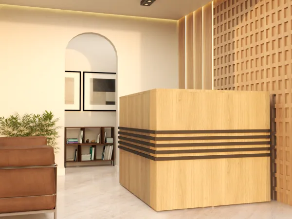 BALCÃO DE ATENDIMENTO EM L COM DETALHE EM SARRAFOS